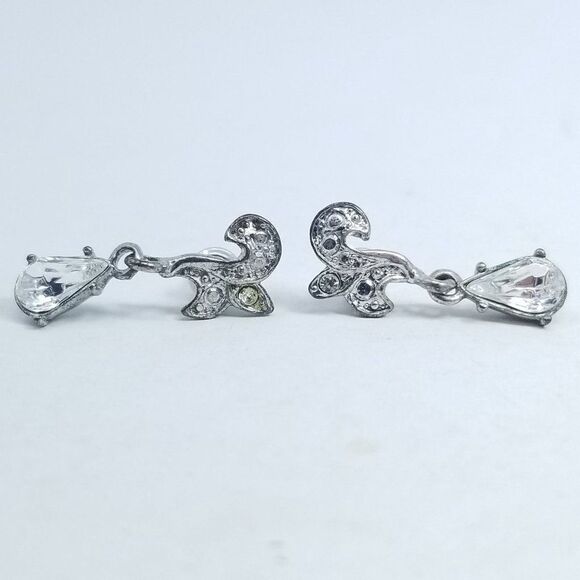 Vintage Little Rhinestone Drop Stud Earrings, Silver Tone Setting, Small Sparkle - Picture 5 of 5